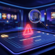Digital online casino interface with a magnifying glass highlighting 'Terms & Conditions' and subtle red warning icons, symbolizing the importance of identifying red flags for player protection.