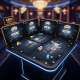 Sleek, futuristic multi-screen online casino interface showing four live baccarat tables simultaneously, with virtual chips, cards, and a prominent '0.88% Rebate' indicator, set against a luxurious, blurred casino studio background.
