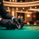 Extreme close-up of a live casino dealer's hands slowly bending a baccarat card, revealing a pip on a green felt table, highlighting the suspense of squeeze baccarat.