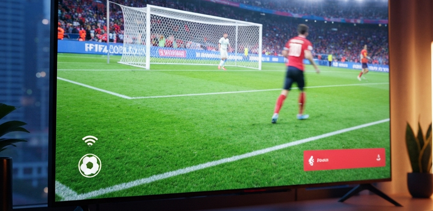 A modern Smart TV and smartphone displaying a clear, high-definition live stream of a FIFA World Cup 2026 football match, symbolizing successful troubleshooting and uninterrupted viewing in Malaysia.