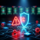 A digital art representation of a cybersecurity threat, with a red malicious data stream attempting to breach a blue-green digital shield over a blurred online casino interface, symbolizing phishing attempts against players.