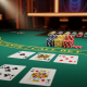 Overhead view of a luxurious Casino Hold'em poker table with cards dealt and casino chips, representing strategic gameplay.