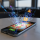 A smartphone displaying a vibrant online casino slot game interface, with abstract glowing lines and fragmented data packets visibly leaking around it, symbolizing data interception on public WiFi.