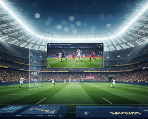 Dynamic digital rendering of a futuristic football stadium with a large screen showing a live FIFA World Cup 2026 match, overlaid with abstract elements representing cost-effective streaming and savings in Malaysia.